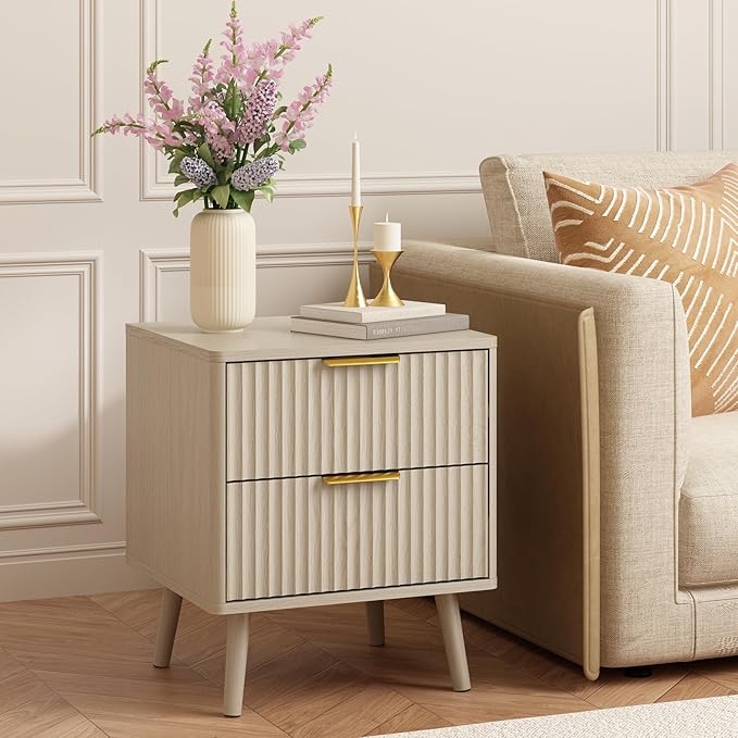 CARPETNAL Fluted Nightstand Set of 2, Beige Bedside Table with 2 Drawers and Gold Handles, Wood End Table Mid Century Night Stands for Bedroom Living Room