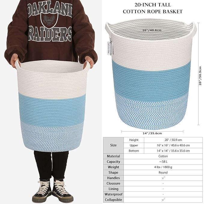 Sea Team Large Size Cotton Rope Woven Storage Basket with Handles, Laundry Hamper, Fabric Bucket, Drum, Clothes Toys Organizer for Kid's Room, 20 x 14 inches, Round Open Design, White & Mottled Blue