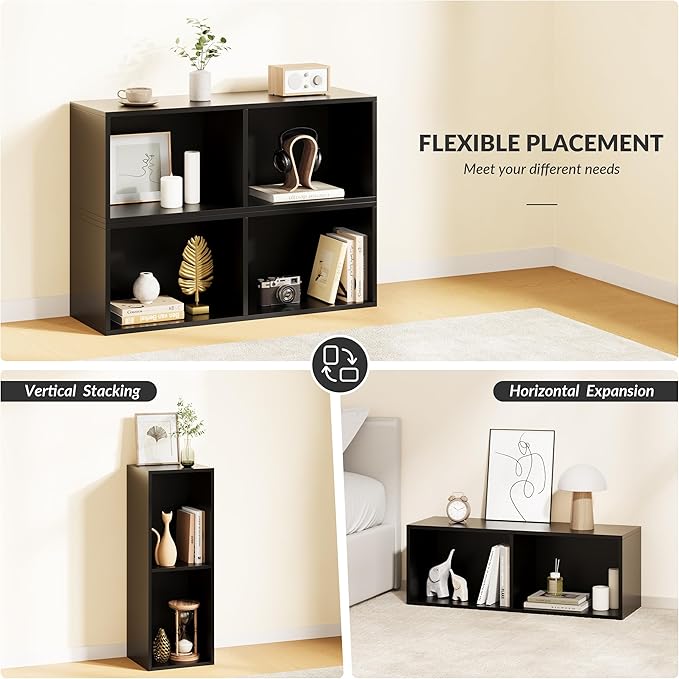 IOTXY DIY Modular Cube Bookcase - CubeXY Customizable Stackable Expandable Basic Shelving Units, 2-Cube Wooden Open Bookshelf for Miscellaneous Storage Organizer, Black