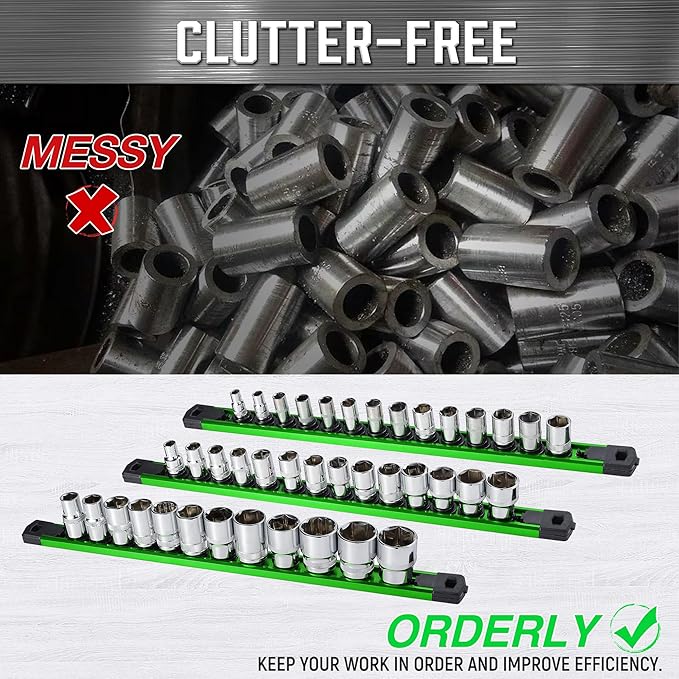 ALOANES 6-Piece Magnetic Socket Organizer, Heavy Duty Aluminum Socket Rails Organizer, 360° Swivel Clips Socket Holder Kit for Tool Box, 1/2, 3/8, 1/4-Inch Socket Holder x 80 Clips (Green&Black)