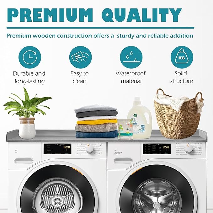 Royxen Laundry Countertop Solid Wood, Countertop for All Front-Loaded Washing Machine and Dryer, Extra Room for Laundry Room, Gray