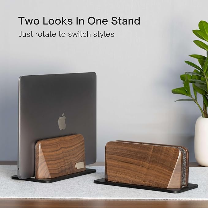 Vertical Laptop Stand, Black Walnut Wood Laptop Holder Vertical for Desk - Heavy Black Aluminum Base | Adjustable Dock (8-38mm) Fits Most Laptops, MacBooks (Black Base)