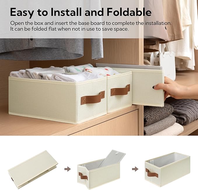 GRANNY SAYS Small Fabric Storage Bins, Storage Baskets for Shelves with PU Handles, Toilet Paper Storage, Mini Baskets for Organizing DVD, Photos, Clothes, Diaper, Sock, Cd, 3-Pack, Ivory