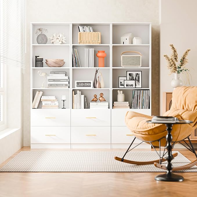 Cozy Castle 74.1'' Bookshelf,Tall Bookcase with Drawers, 4-Tier Open Bookshelf with Adjustable Storage Shelves,23.6 Inches Wide Floor Standing Bookcase for Home Office,Bedroom,Living Room,White