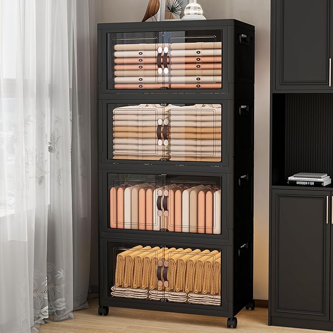 Storage Bins with Lids and Wheels, Collapsible Bathroom Storage Cabinet with Clear Doors, Plastic Stackable Closet Organizers and Storage Containers Black 398 QT
