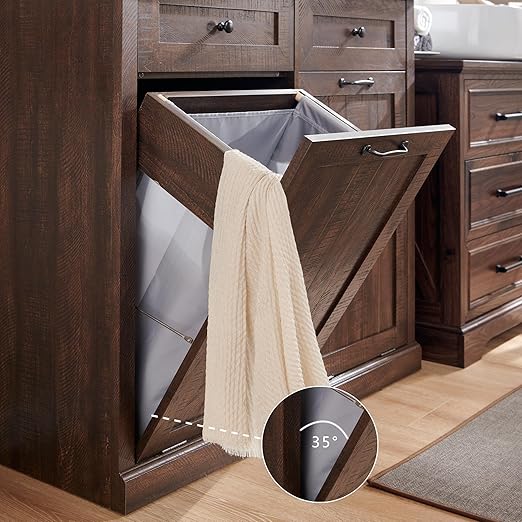 Double Tilt Out Trash Cabinet, 20 Gallon Farmhouse Laundry Hamper Cabinet with 2 Drawers, Hidden Wooden Trash Can Cabinets with Storage Basket for Kitchen, Living Room (Brown)
