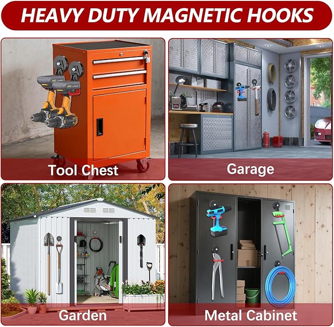 3-H Heavy Duty Magnet Garage Hooks 4 Pack, Large Strong Magnetic Hooks for Hanging Cordless Power Drill, Utility Magnetic Tool Holder for Metal Cabinet, Steel Pegboard, Toolbox, Garage(Red)
