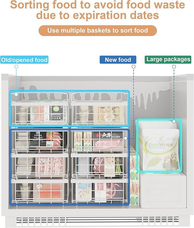 UMDONX 4 Pack Expandable Freezer Organizer Bins Large Freezer organizer Bins Stackable 11.4" Expand to 17.9", Fit 10 to 20 Cu.FT Black