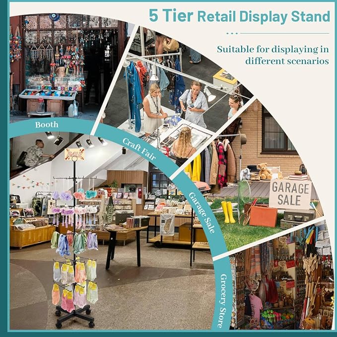 Retail Display Stand Rotating Display Rack 5 Tier Spinning Display Stand for Craft Shows, Jewelry, Keychain, Earring Adjustable Height Retail Display Racks (5-Tier Black)