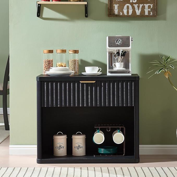 LEYAOYAO 31" Wide Fluted Nightstand with Charging Station, Oversized Extra Large 1 Drawer Night Stand with Golden Handle, Black Wood Bedside Table Tall End Tables,for Bedroom, Living Room, Hallway