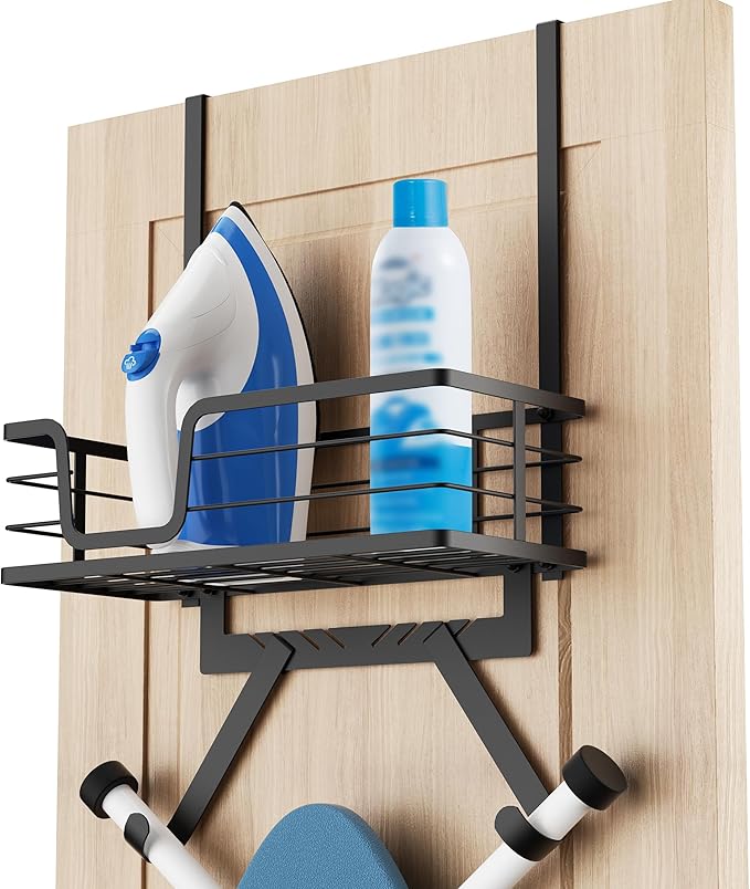KES Over The Door Ironing Board Holder, Ironing Board Hanger Door Mount with Storage Shelf Y and T Shaped Fits for 1 3/8 Doors Matte Black, HIR501A-BK