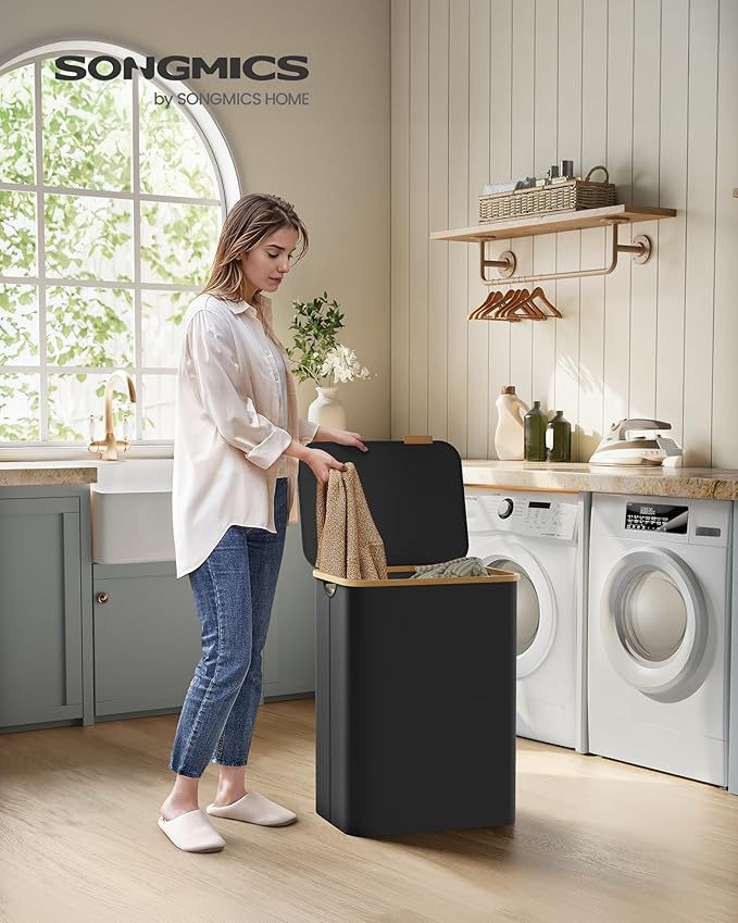 SONGMICS Laundry Hamper with Lid, 2-Section Large Laundry Basket, 34.3-gallon (130L), Removable Mesh Liner, Bamboo Handles, Collapsible, 20.5 x 15.2 x 27.8 Inches, Ink Black ULCB513B01