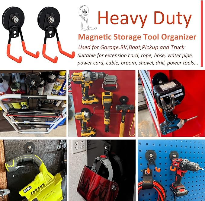 ULIBERMAGNET Heavy Duty Magnetic Garage Hook,10 Pack Strong Large Magnet Hooks for Power Drill,Garden Tools,Hose,Pegboard,Garage, Workshop,Magnetic Storage Hooks for Indoor Outdoor Hanging(Orange)