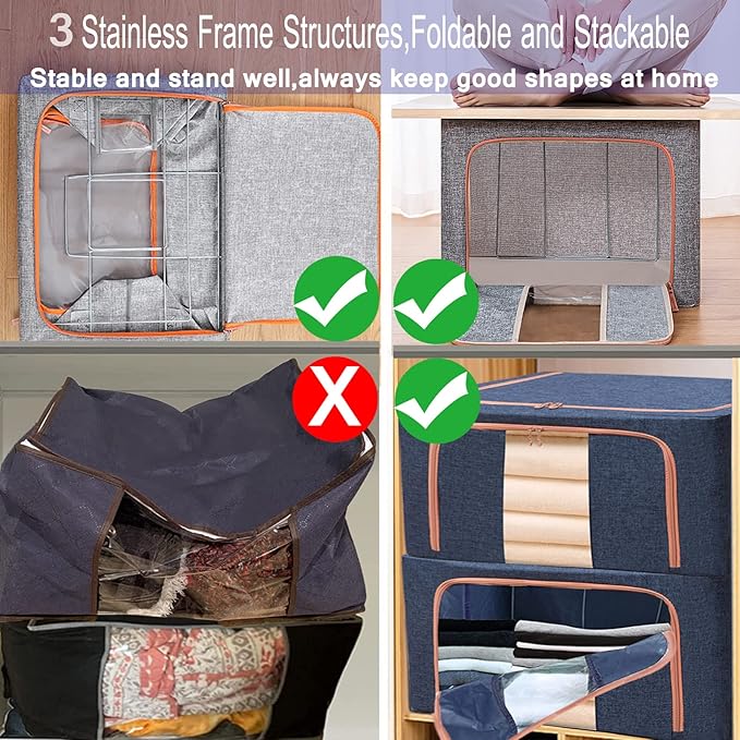 Clothes Storage Bags - Stackable Organizer with Foldable Shape Keeping Metal Frame, Zipper, Handles, Clear Window, Storage Container Box for Blanket, Sweater, Pillow Seasonal Clothing (66L x 2 Pack,