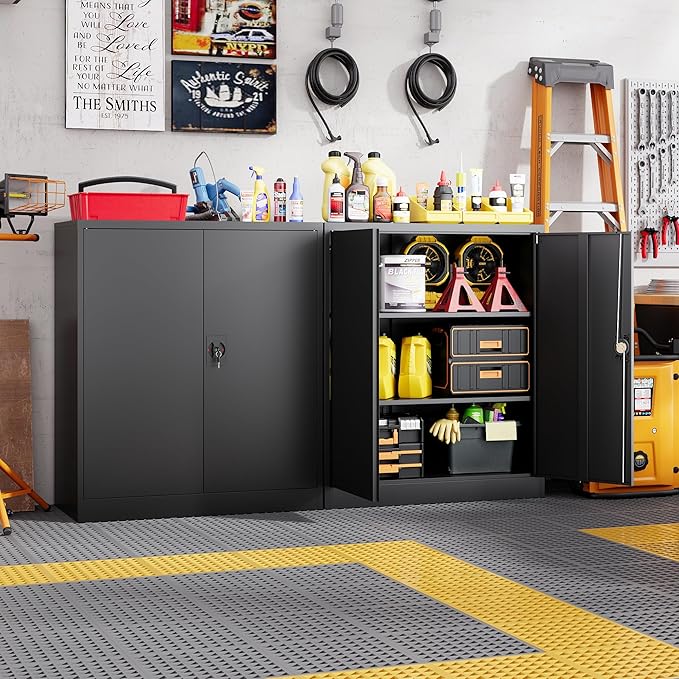 Letaya Metal Storage Cabinets with Lock Door,2 Adjustable Shelves Organizer Steel Storage Cabinets for Home,Office,Warehouse,Garage,Employee Lockers(Black)