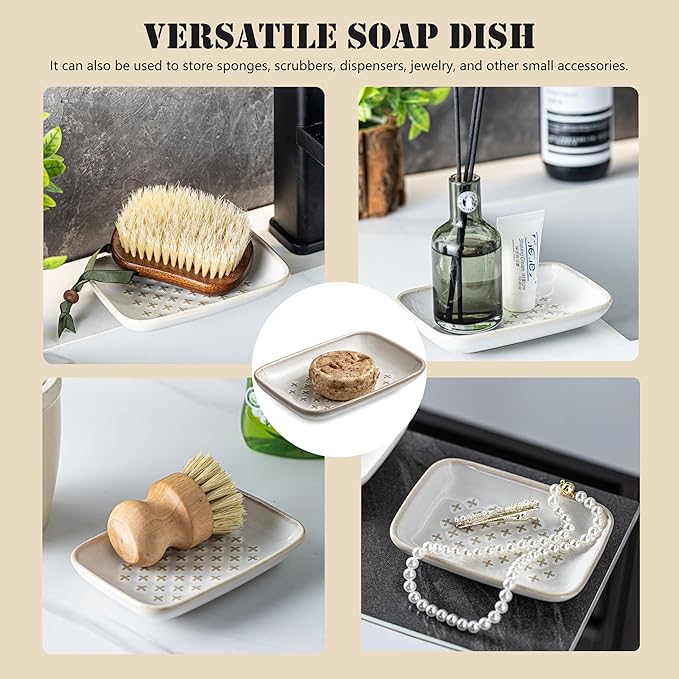 Gomakren Soap Dish, Shower Soap Holder, Christmas Ceramic Soap Dishes for Bar Soap Sponge Shampoo, Soap Saver Tray for Bathroom Kitchen Sink Counter, 5.5 Inch, Beige