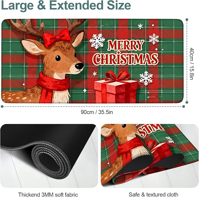 Merry Christmas-Elk Gaming Mouse Pad 35.4"x15.7"Desk Mat Anti-Slip Rubber Base & Durable Stitched Edges for Gamers Smooth Mouse Writing Surface for Desk Office/Home