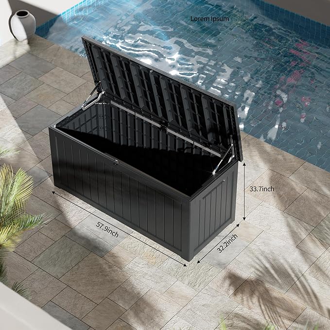 270 Gallon Resin Deck Box, Waterproof Outdoor Storage Box for Patio Furniture Cushions, Garden Tools, and Pool Accessories, Large Lockable UV-Resistant Storage Bin Bench Cabinet for Outside, Black