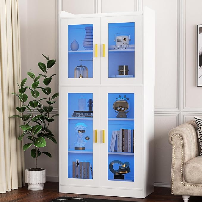 Unikito Display Cabinet with Glass Doors, 67" Tall Bookcase with LED Lights, Glass Display Case with 5-Tier Storage Shelves, Curio Cabinet for Collectibles Bedroom Living Room Office, White Bookshelf