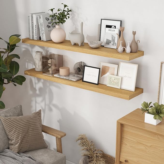 Fun Memories 55Inch Floating Shelves for Wall 1 Pack Shelves for Bedroom|Kitchen|Bathroom Wall Mounted Rustic Wood Floating Shelf with Invisible Brackets for Books|Storage|Decor, Oak