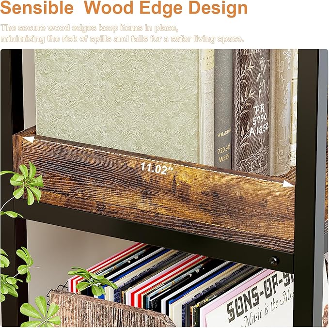 KOUSEI 6-Tier L-Shaped Reversible Corner Bookshelf, 69" Rustic Brown Industrial Wood & Metal Bookcase, Wide Open Shelves + 4 Hooks for Living Room/Bedroom/Home Office