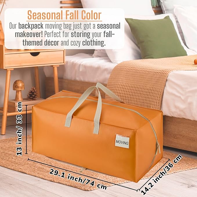VENO 8 Pack Moving Bags w/Backpack Straps, Heavy Duty, Moving Boxes Alternative, Packing Supplies, Large Storage Totes for Dorm Room Essentials with Zipper (Seasonal Autumn Orange, 8 Pack)