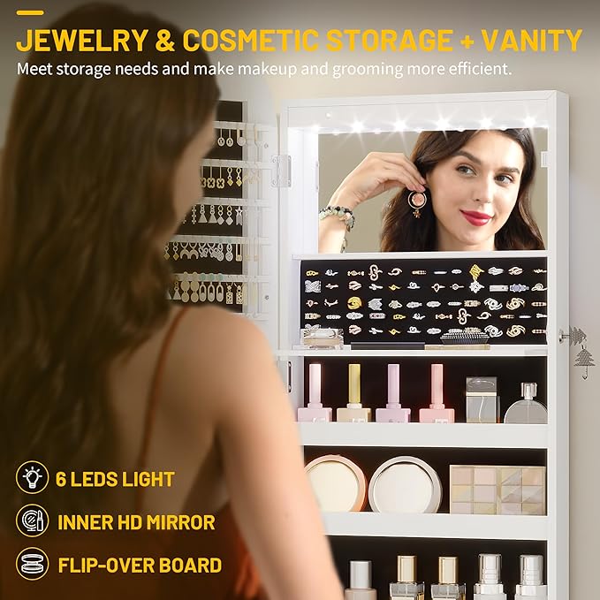 LVSOMT LED Mirror Jewelry Cabinet, Wall/Door Mount Jewelry Mirror Organizer, Rounded Full Length Mirror with Storage, Lockable Jewelry Armoire, 16" Wide, Foldable Shelf, Interior Mirror, White