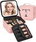 Relavel Initial Makeup Bag with LED Mirror for Women Girls, Personalized Travel Cosmetic Organizer Train Case, Birthday Gifts for Grandkids Bridesmaid Graduation Teacher Friends, Trendy Stuff, Pink T