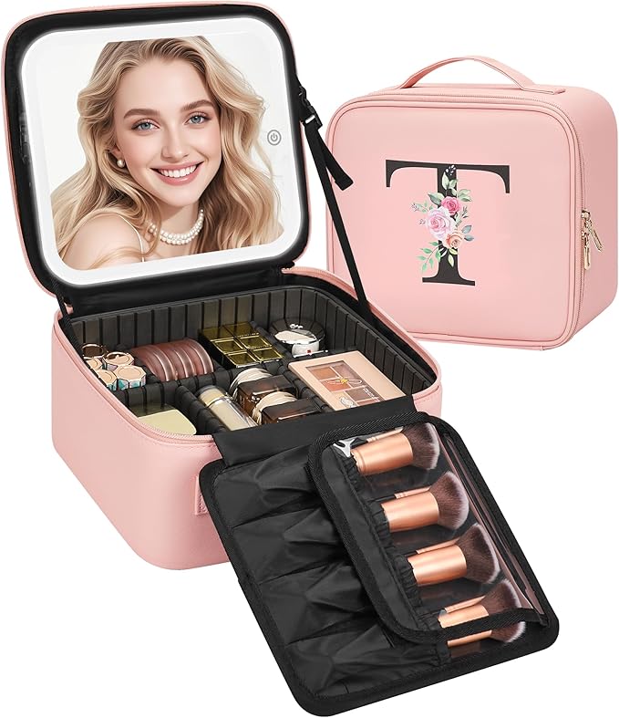 Relavel Initial Makeup Bag with LED Mirror for Women Girls, Personalized Travel Cosmetic Organizer Train Case, Birthday Gifts for Grandkids Bridesmaid Graduation Teacher Friends, Trendy Stuff, Pink T