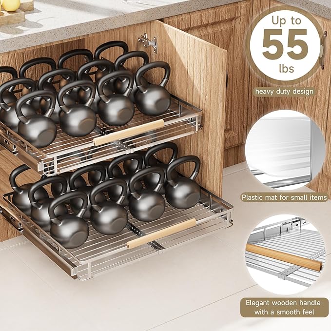 1 Pack Expandable Pull Out Cabinet Organizer，Side Mounting 16.3~26.3"x17.3"Cabinet Pull Out Shelves, Expandable Slide Out Spice Rack for Kitchen Bathroom Office