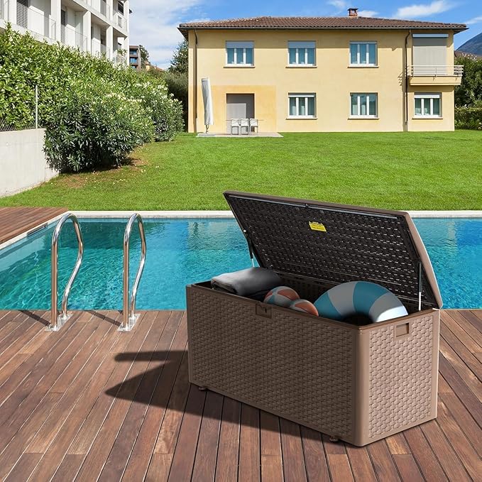 180 Pro Gallon Deck Box,Outdoor Storage Box Lockable,Waterproof for Patio Furniture, Garden Tools, Pool Accessories, Package Delivery Boxes For Outside, Brown