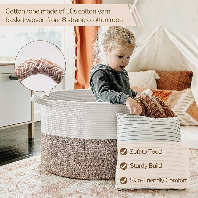 INDRESSME XXXLarge Cotton Rope Basket 21.7" x 21.7" x 13.8" Woven Baby Laundry Blanket Baskets Toy Burr Basket with Handle Storage Comforter Cushions for Christmas Thread Laundry Hamper