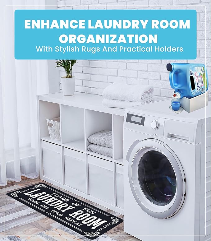 TidyFriend Laundry Detergent Holder with Laundry Room Rug Runner, Detergent Stand for Spill Protection, Non-Slip Runner Mat, and Stylish Room Organizer for Home & Laundry Spaces (Kit)