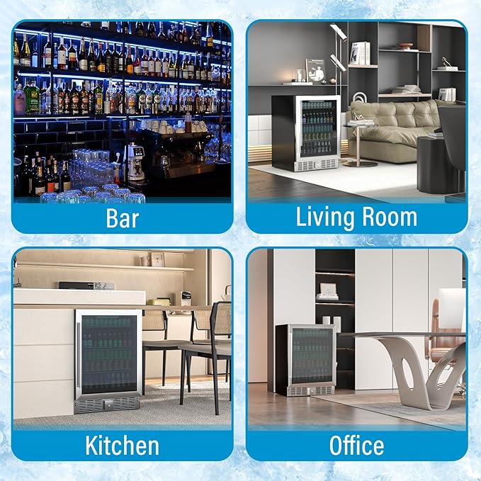 24 inch Beverage Refrigerator, Under Counter Small Refrigerator, 166 Can/5.3 Cubic Large Fridge with Glass Front Door for Soda Wine Beer, Adjustable Temperature Control for Home Office(Silver)