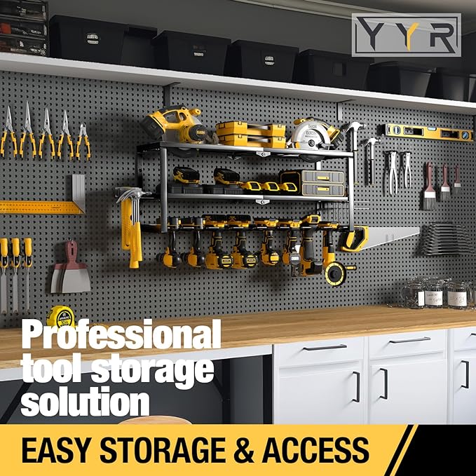 YYR Heavy Duty Power Tool Organizer Wall Mount, Cordless Drill Hanger Storage Rack, Battery Tools Holder with Charging Station Shelf for Garage Organization, Workshop, Pegboard, Shed - 32 Inch 8 Slots