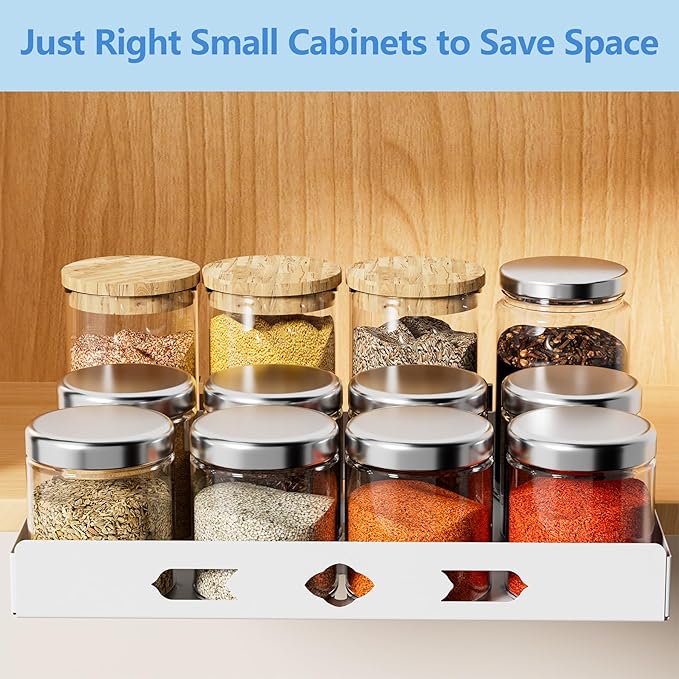 XLP Pull-Out Spice Rack Organizer – Heavy Duty Slide-Out Cabinet Storage | Fits Spices, Sauces, Cans, Dishes | Kitchen & Pantry Organizer, White (12.5''Wx10.5''Dx1.8''H)