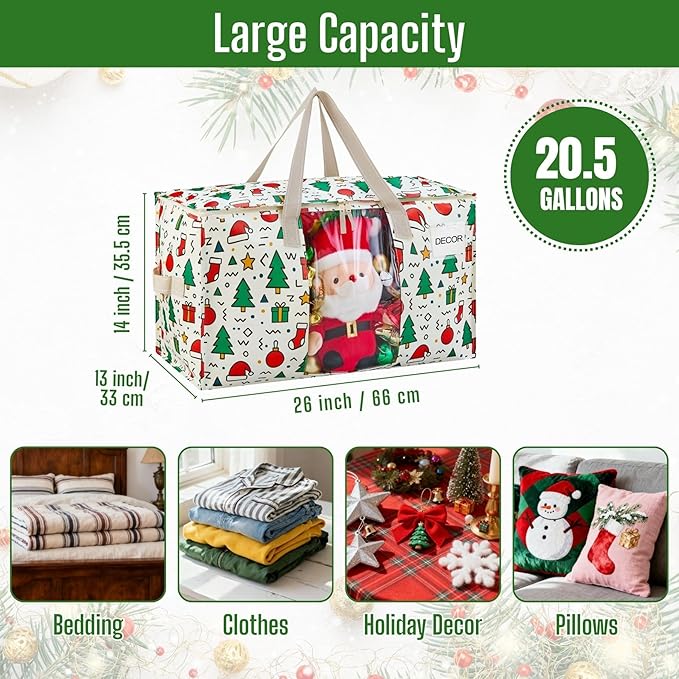 VENO 2 Pack Moving Bags, Large Christmas Storage Bins with lids, Packing Supplies for College, Alternative to Moving Boxes, Foldable, Heavy-Duty Tote, Christmas Pattern (Jingle Mix, 2 Pack)