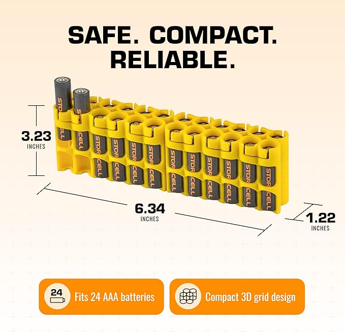 Storacell by Powerpax AAA Battery Storage Caddy, Yellow - Holds 24 Batteries (Not Included)