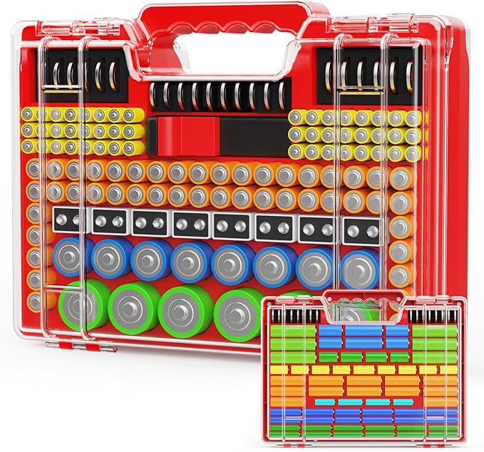 Battery Organizer Storage Holder Box Case with Tester, Stores & Protects Up to 260 Batteries, Double-Clear Locking Lid, Holds AA AAA C D and More (Not Includes Battery Pack) - Red