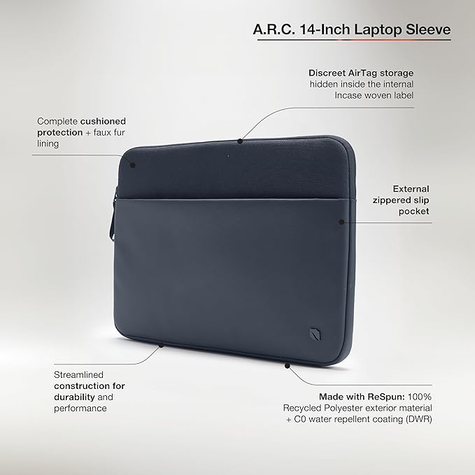 Incase A.R.C. Laptop Sleeve 14 Inch – MacBook Case with Faux Fur Lining, External Pocket – Fits MacBook Pro Air Lenovo Dell HP – Laptop Cover, Computer Case - Travel, Work, College - Navy