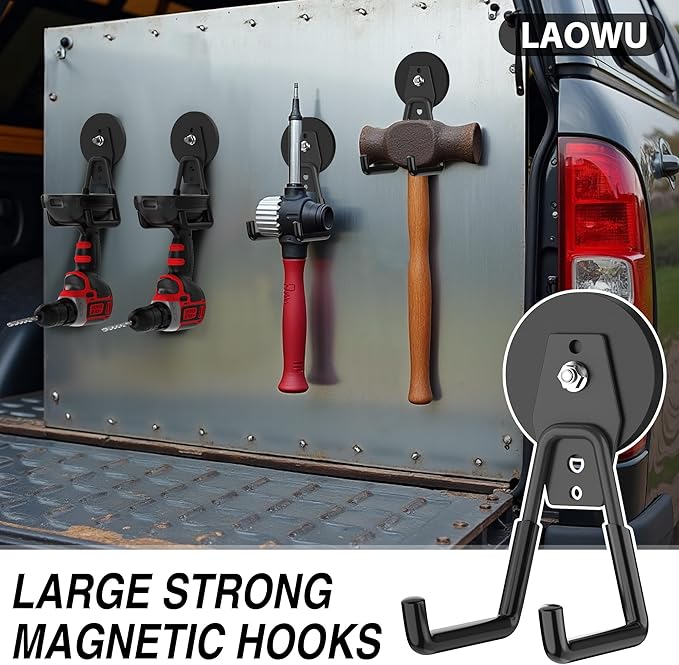 4Pcs Heavy Duty Storage Magnetic Utility Hooks Large Garage Strong Extra Magnet Hooks Hanger with Anti-Slip Coating Heavy Duty Magnetic Hooks for Hanging Power Dril Garage Garden Tools Black