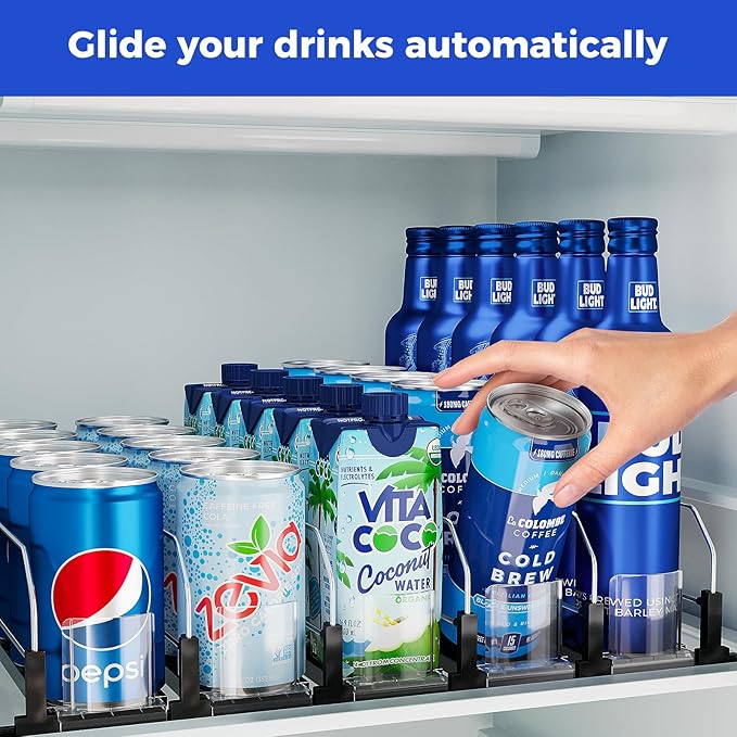 Puricon Drink Organizer for Fridge Pusher Glide, Spring Loaded Fridge Drink Dispenser, Self Pushing Soda Can Organizer for Refrigerator, Beer Bottle Beverage Organizer Drink Holder -5 Rows, Black