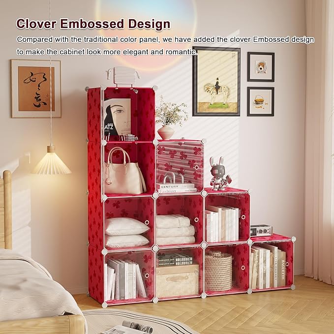 C&AHOME Cube Storage Organizer with Doors, 10-Cube Shelves, DIY Plastic Modular Bookshelf, Closet Clothes Storage Shelving Ideal for Bedroom, Living Room, Clover Embossed, Red