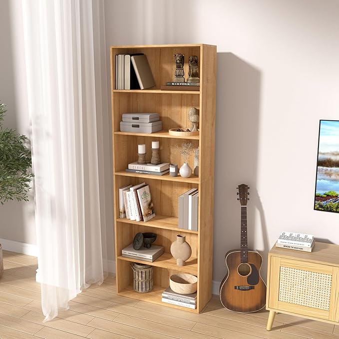 6 Tier Book Shelf，Wooden 6 Cube Storage Organizer,6 Tier Low Bookcase Storage Display Organizer, 64 Inch Versatile Cubes Shelf and Cubby Unit for Any Space (Natural Oak, 6 Cube-W(23.6inch)