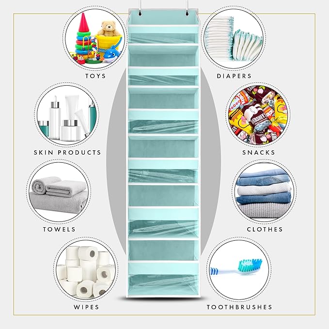 HOMELUX THEORY Over The Door Organizer Hanging - 50lbs Load 6 Large Front & 12 Side Pockets, 2 Pack Over The Door Shoe Organizer, Hanging Closet Organizer For Toys, Diaper, Purse, Sewing (Baby Blue)