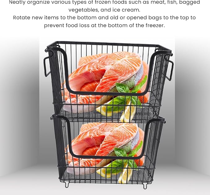 Tyenaza Freezer Organizer Bin Keep Tidy Metal Stackable Fruits Meat Wire Basket for Kitchen Home Use L Black