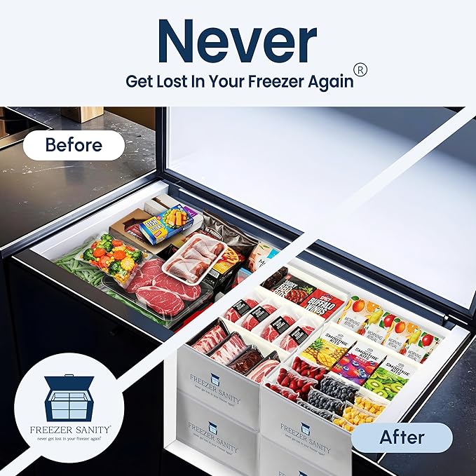 The Original Chest Freezer Organizer Bins, Stackable Storage Organizers, Deep Freezer Dividers, Handles, Heavy-Duty, Water-Proo (4 Pack Large 19x14x9)