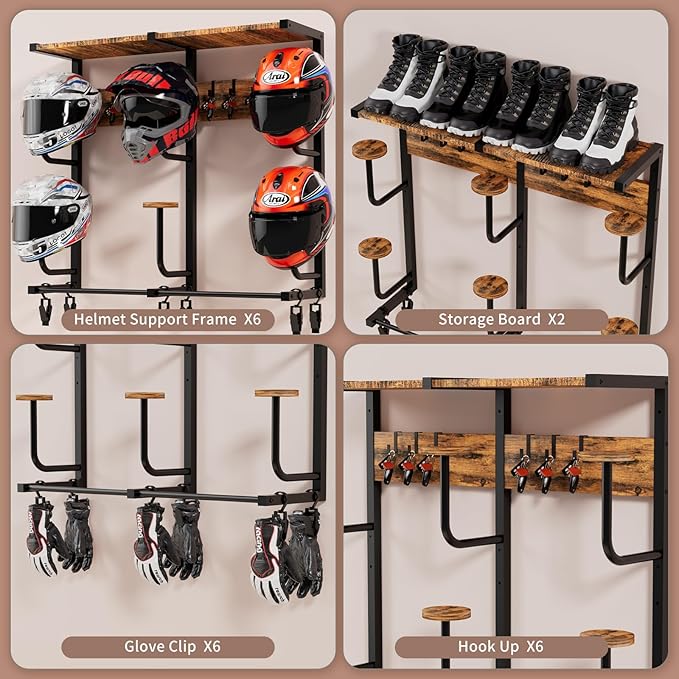 Motorcycle Helmet Rack with 6 J-hooks& 6 Clip Hooks – Wall Mounted Helmet Holder Stand for 6 Helmets, Riding Suits & Accessories, Sturdy Construction Storage Organizer for Entryway or Garage