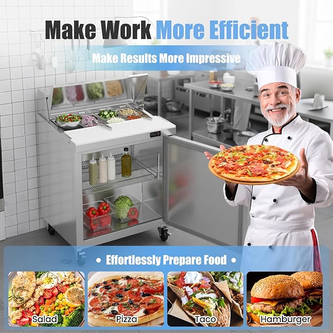 29" W Commercial Refrigerator Sandwich Salad Prep Table, Stainless Steel 1-Door Sandwich Prep Table Refrigerator, Counter Fan Cooling Refrigerator with 8 Pans for Restaurant, Bar