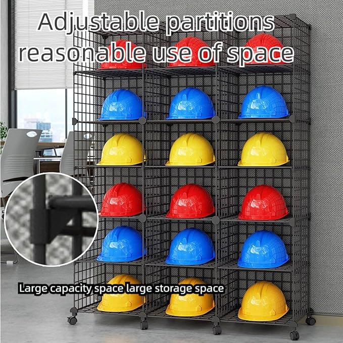 Stackable Safety Helmet Storage Boxes, Large Adjustable Hard Hat Placement Organizer Rack,with Wheels,for Construction Site/Garage/Workshop/Factory Helmet Display Shelf (Black, 6 Grids-1 * 6)